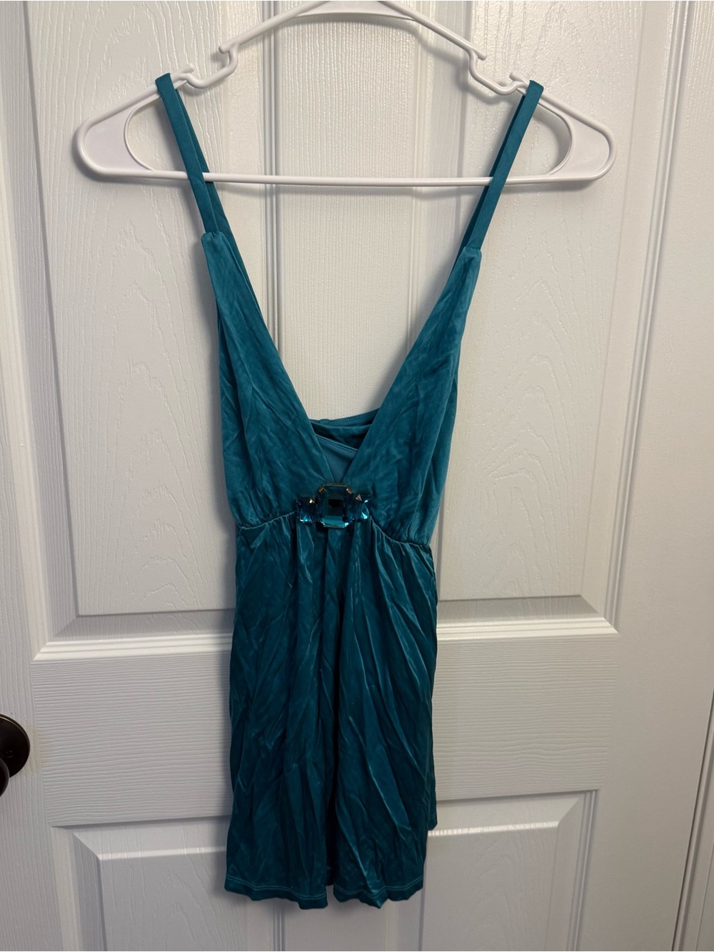 Express Teal Gem Embellished Plunge Halter Tunic Top